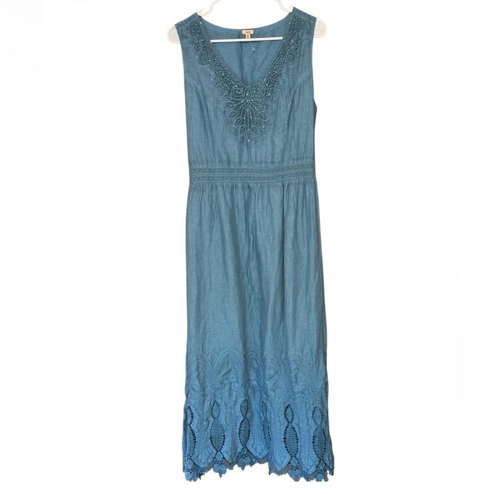 Reba Blue Cotton Midi Dress Embroidered Lace Hem Sleeveless M